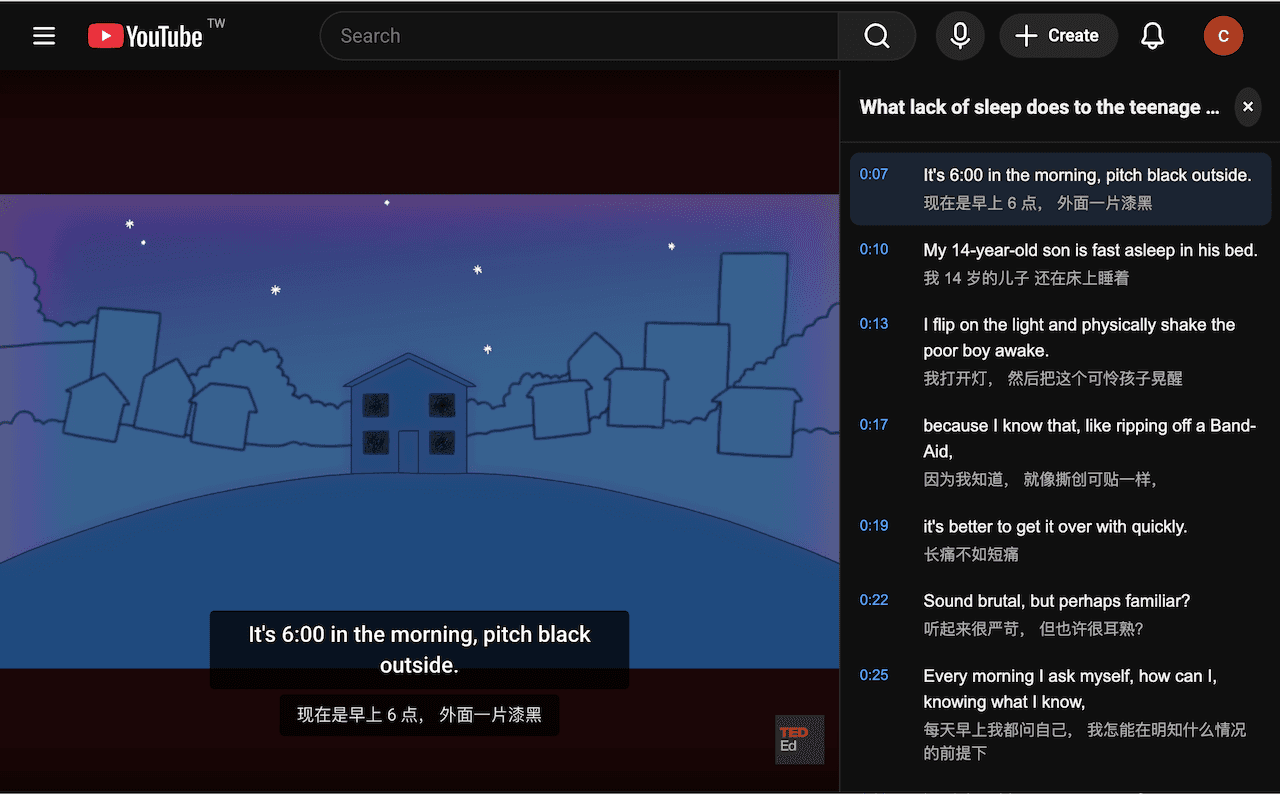YouTube 双语字幕与逐句面板